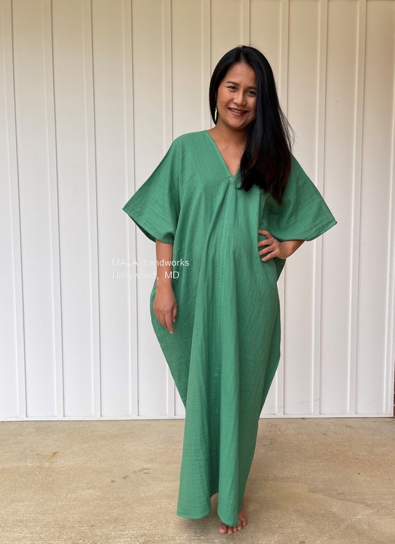 Green Double Gauze Cotton Kaftan, Resort Dress, Plus Size