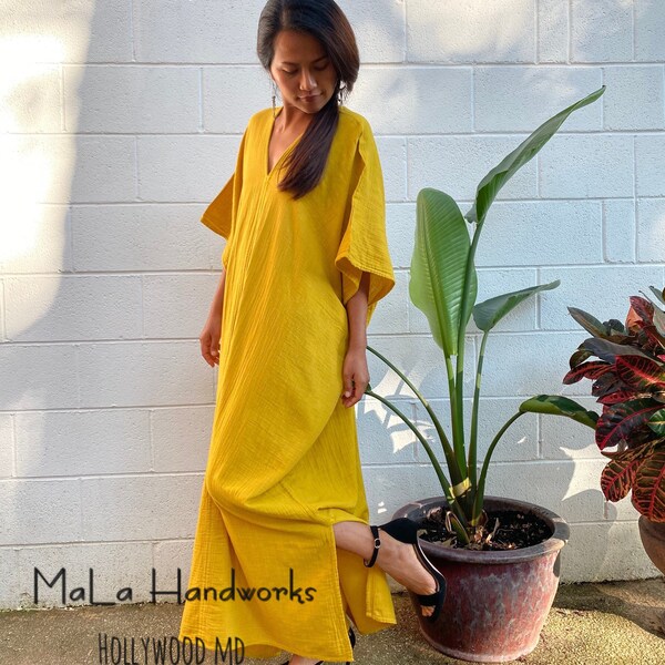 DP-5 Yellow Double Gauze Kaftan - One size fit most cotton kaftan