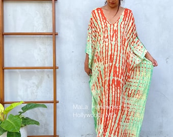 N-24 Orange w/ Green Tie Dye, caftan, beach, resort, vacation, cruise, pool, party, lounge, home, work at home