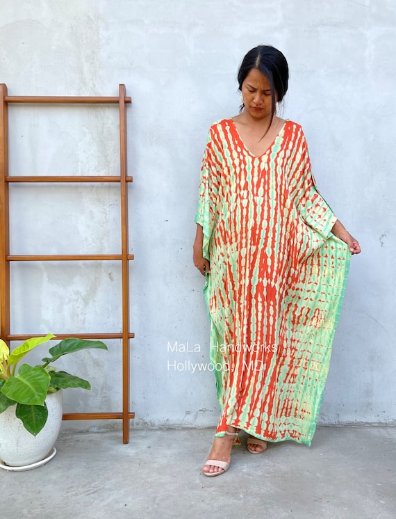 N-24 Orange W/ Green Tie Dye Caftan Beach Resort Vacation - Etsy