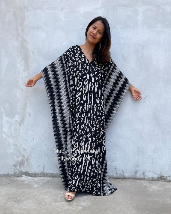 Black Hand Screened Kaftan Luxury Dress For Women A-216   Plus Size Caftan For Women In African Style   Moroccan Kaftan Beach Cover Up