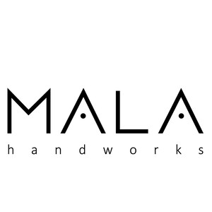 May include: Black and white logo for a business called "MALA handworks". The logo features a stylized "M" and two stylized "A"s, each with a small dot in the center.