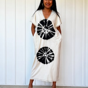 Alisa Off White with Black Hand Batik Kaftan Dress AS-6 ~ African Dress, Moroccan Caftan, V Neck Dress, Womens Clothing, Pockets