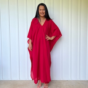 Red Cotton Gauze Kaftan O-31 ~ Maxi Lounge Dress, Resort Wear, Tropical Dress, Valentines Clothing, Mumu Dress, Womens Clothing, Semi Sheer