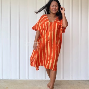 CM- Orange Original design Midi Hand Screened Kaftan, caftan, beach, resort, vacation, cruise, pool, party, lounge, home, work at home