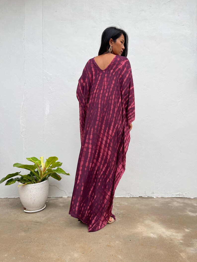 A-100 Eggplant Tie Dye Kaftan, caftan, beach, resort, vacation, cruise, pool, party, lounge, home, work at home, Length option image 2