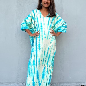White with Blue Cotton Jersey Kaftan CO-50 ~ Winter Lounge Wear, Comfy Dress For Women, Maxi Dress With Pockets, Plus Size Clothing, Gift