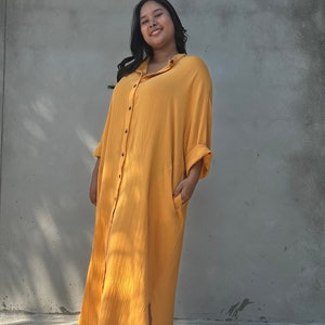Goldenrod Double Gauze Shirtdress 54&quot; PL-13 ~ Maxi Shirt Dress, Modest Dress With Pockets, Beach Cover Up, Button Down Dress,Summer Clothing