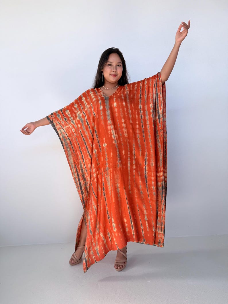 Womens Orange Dresses Tie Dye With Black Kaftan Luxury A-3 Maxi Moroccan Caftan Dress African Dress Plus Size Kaftan Resort Gown image 10