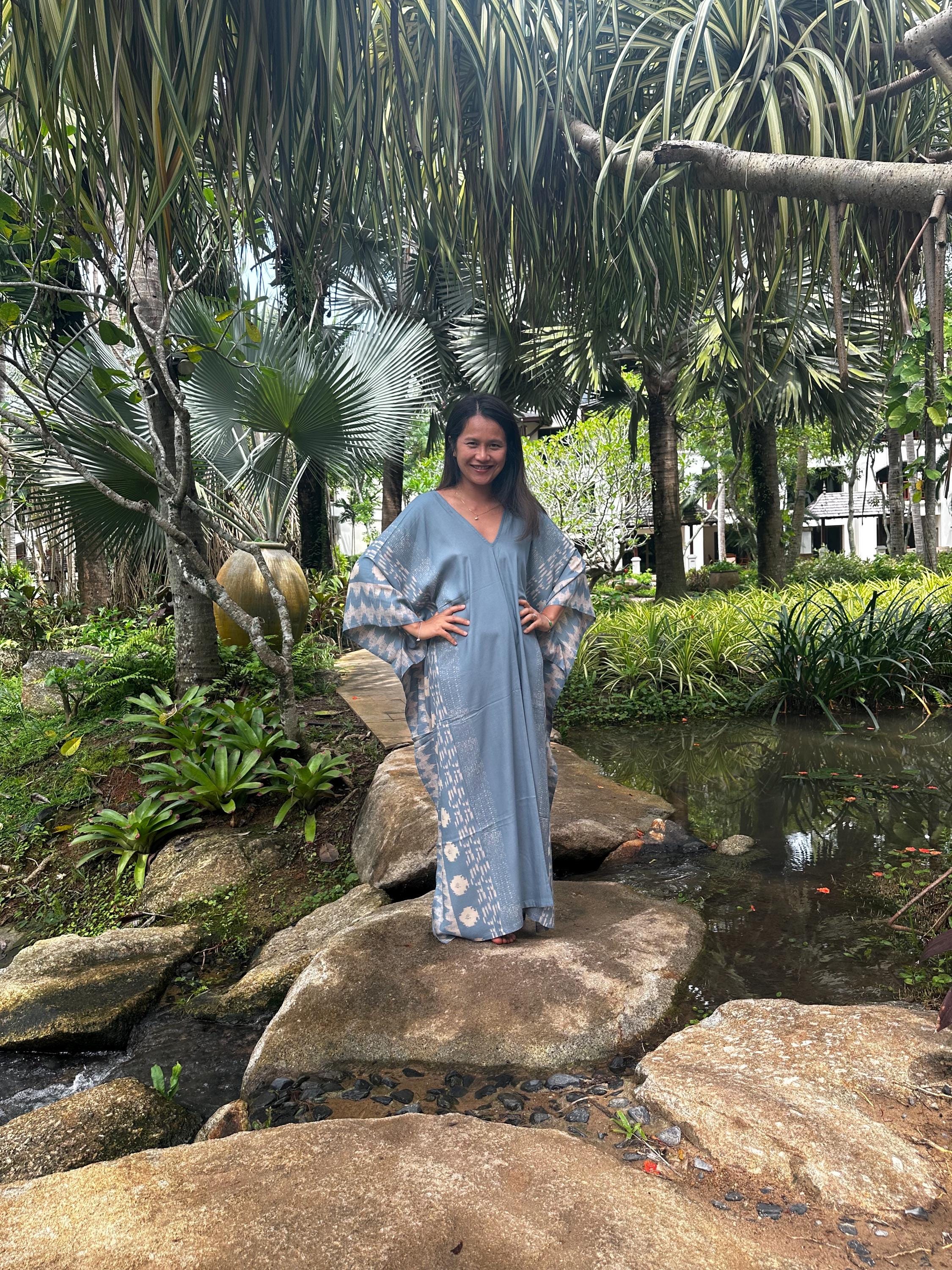 Gray Hand Silkscreened Kaftan African Dress Luxury Lounge and