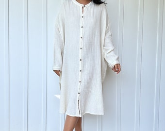 PS-1 Midi Natural White Double Gauze Shirtdress 41&quot;, One size fit most, Unisex, white shirt dress, lounge wear, home wear, street wear