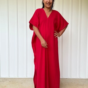 Red Double Gauze Cotton Kaftan Dress DG-4 ~  Gift For Her, Winter Kaftan Dress, Robes For Her, Lounge and Sleepwear ~ One Size, Boho style