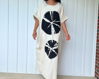 Alice-1 Off White with Tie Dye Design Fine Jersey Cotton Kaftan Dress