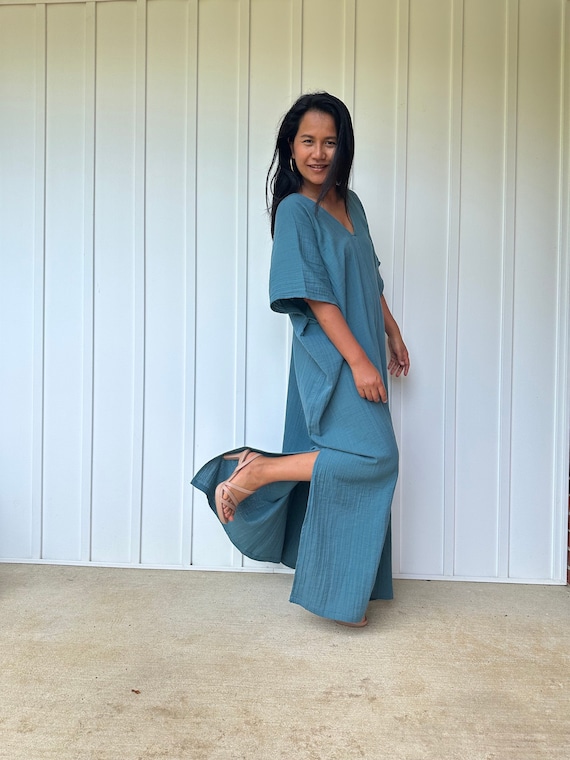 DG-9 Green Teal Double Gauze Kaftan - One Size Fit Cotton Kaftan
