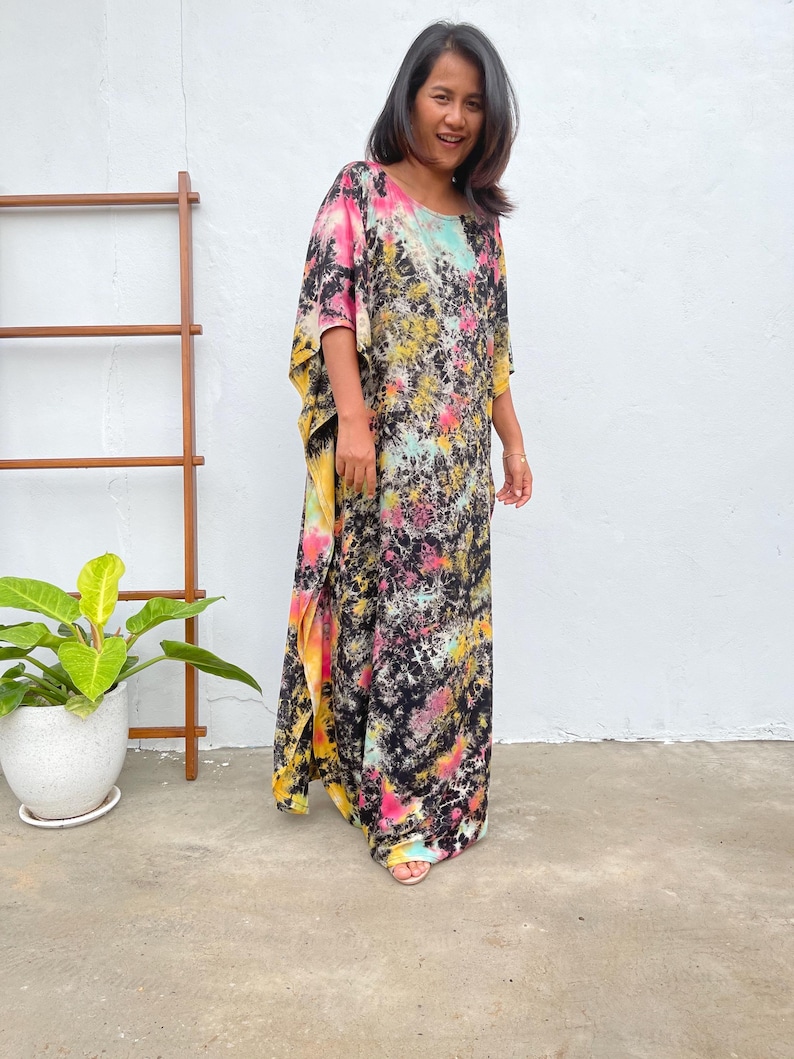 Black w/ Rainbow Tie Dye Boat Neck Kaftan AC-15 ~ Caftans For Women, Plus Size Clothing, Womens Summer Dresses, Beach Caftan, Cocktail Wear image 2