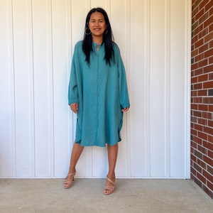 PS-23 Green Teal Double Gauze Shirtdress 41", One size fit most, Unisex, shirt dress, home wear, street wear, lounge wear