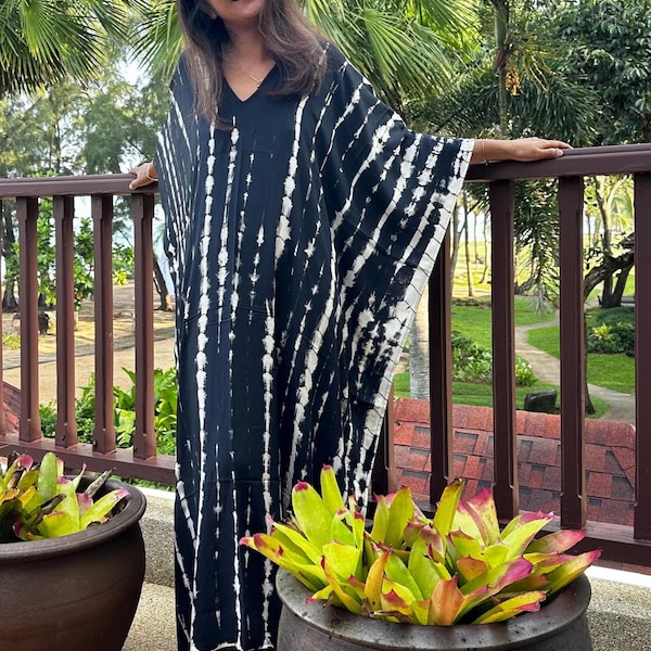 Vestido caftán sedoso teñido anudado negro A-1, ropa para mujer, hermoso caftán para mujer, vestido africano, vestido maxi tipo resort, ropa de talla grande