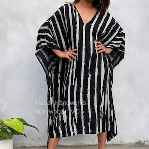 Black Hand Silk Screened Kaftan A-218 ~  Plus Size Clothing, Beach Kaftan Dress, African Caftan For Women, Resort Wear, Womens Dress