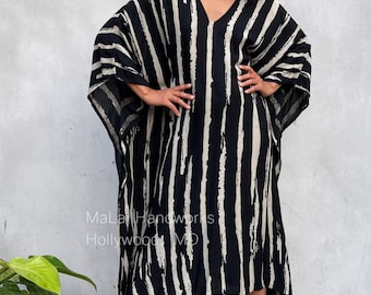 Black Hand Silk Screened Kaftan A-218 ~  Plus Size Clothing, Beach Kaftan Dress, African Caftan For Women, Resort Wear, Womens Dress