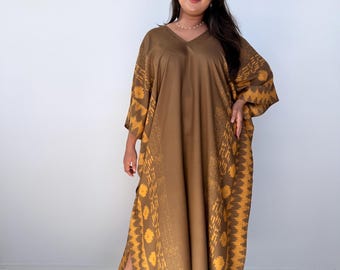 Olive Green Hand Screened Kaftan Dress For Women A-206 ~ Plus Size Moroccan Caftans by MALAHANDWORKS ~ Fall Style Dress ~ Diwali Clothing