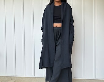 Cardigan nero, vestaglia stile autunnale, vestaglia kimono, taglia unica regolare Y-1