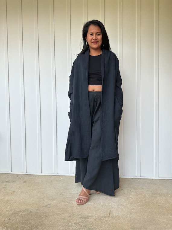 Y-1 Black Cardigan Robe, Cover Up, Night Robe, Lounge Robe, One Size Robe,  Double Gauze, Hand Dyed 