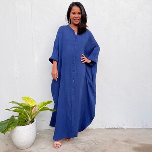 Buy Long Indigo Blue Double Gauze Shirtdress PL-6 Long Sleeve  
