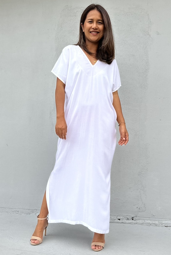 kaftan dress with side slit White Rayon Kaftan Dress, V-Neck Summer Caftan, Side Slit Maxi Dress