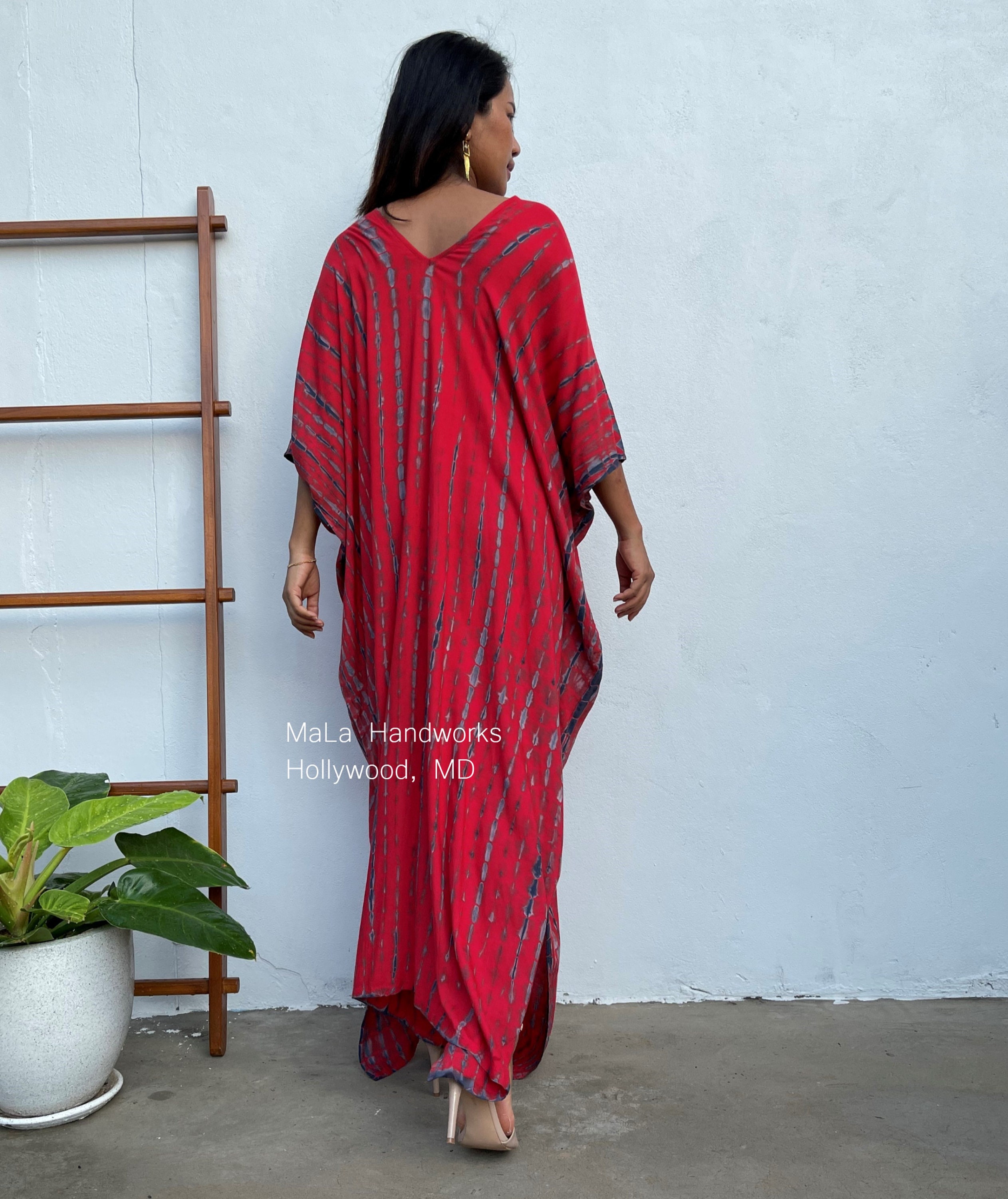 CM 22 Red W Black Tie Dye Kaftan Caftan Beach Resort