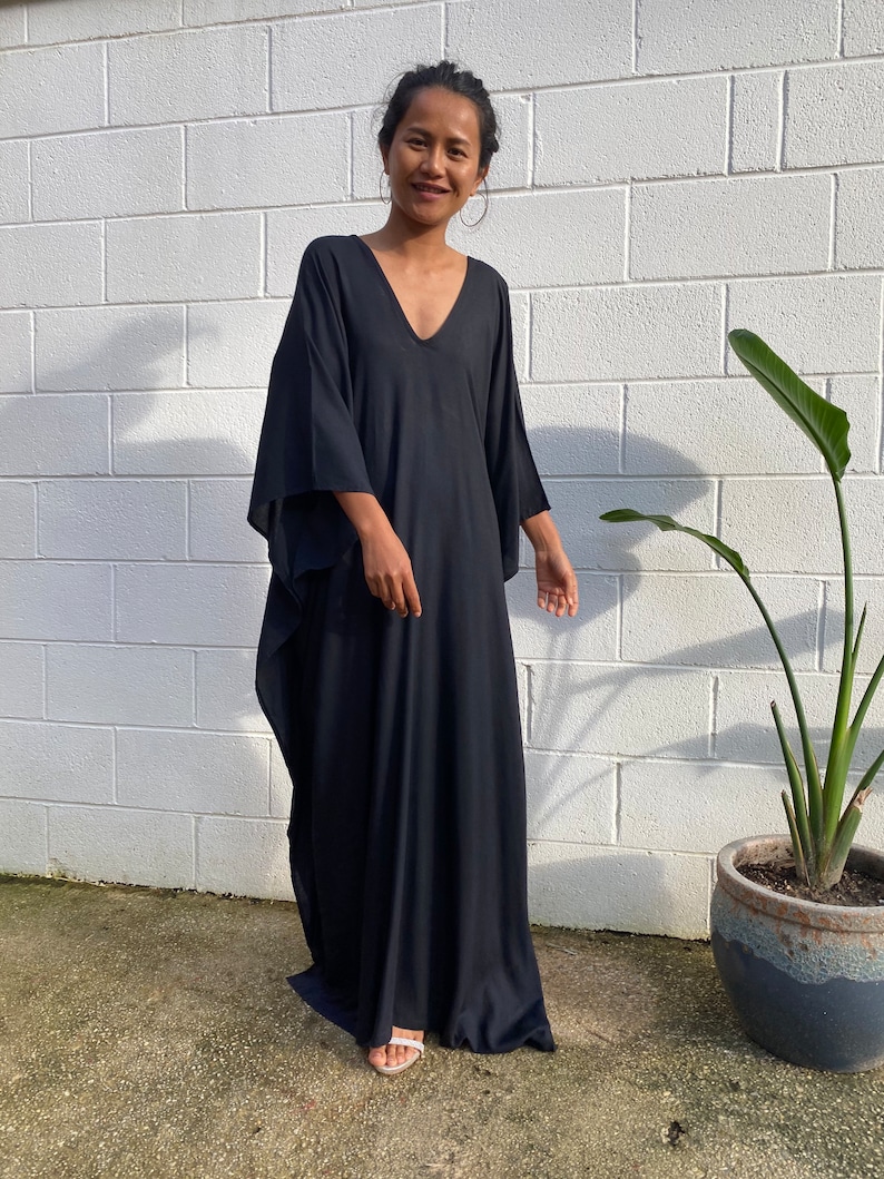 A-12 Solid Black Kaftan, One Size Plus, Resort dress,Summer party dress, kaftan, Beach wear,  Home dress, Vacation dress,Roomy dress, Length 