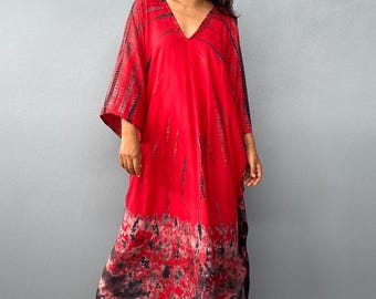 A- Red with Black Tie Dye Kaftan  caftan  beach  resort  vacation  cruise  pool  party  lounge  home  work at home