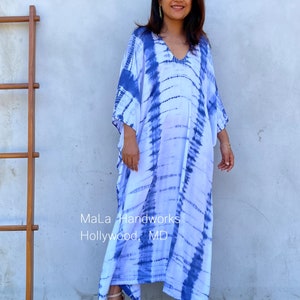 A-33 White w/ Blue Tie Dye Kaftan, Summer party dress,Beach wear, Tie dye dress, Vacation dress,Maxi dress, Resort wear, Slow fashion
