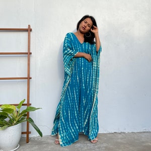 A-99 Teal Aqua Blue w/ off White Tie Dye Kaftan, caftan, beach wear, resort wear , vacation, cruise, pool, party, lounge, home, work at home