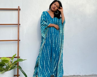 A-99 Teal Aqua Blue w/ off White Tie Dye Kaftan, caftan, beach wear, resort wear , vacation, cruise, pool, party, lounge, home, work at home