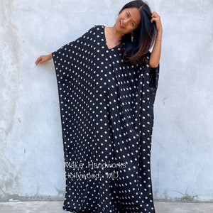 Black Polka Dot Hand Silk Screened Kaftan A-217  caftan  beach  resort  vacation  cruise  pool  party  lounge  home  work at home