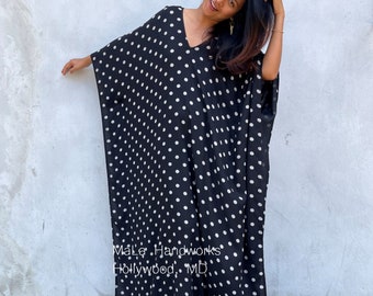 Black Polka Dot Hand Silk Screened Kaftan A-217  caftan  beach  resort  vacation  cruise  pool  party  lounge  home  work at home