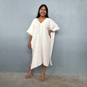 DS-2 Ivory White Midi Double Gauze Cotton Kaftan Luxury One Size Plus M-3XL, Beach Cover Up, White Cruise Dress, Resort Wear, Sundress