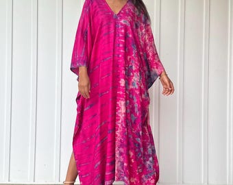 A-11 Fuchsia w/ Multi Tie Dye Kaftan, caftan, beach, resort, vacation, cruise, pool, party, lounge, home, work at home