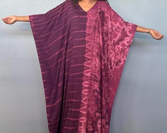 AA-43 Kaftán de rayón teñido con la técnica tie-dye morado, ideal para vacaciones en un resort de playa, cruceros, fiestas en la piscina, salones, para trabajar desde casa.