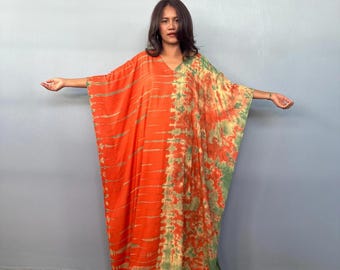 AA-42 Caftán de rayón naranja con estampado tie-dye para vacaciones en resort de playa, crucero, fiesta en la piscina, salón, trabajo en casa