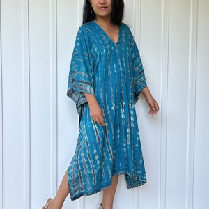 FR-26 Blue Teal tie dye Midi Kaftan, Midi dress, Tunic Beach wear, Lounge wear, Beach wear tunic, Summer dress, Resort wear, Resort kaftan image 1