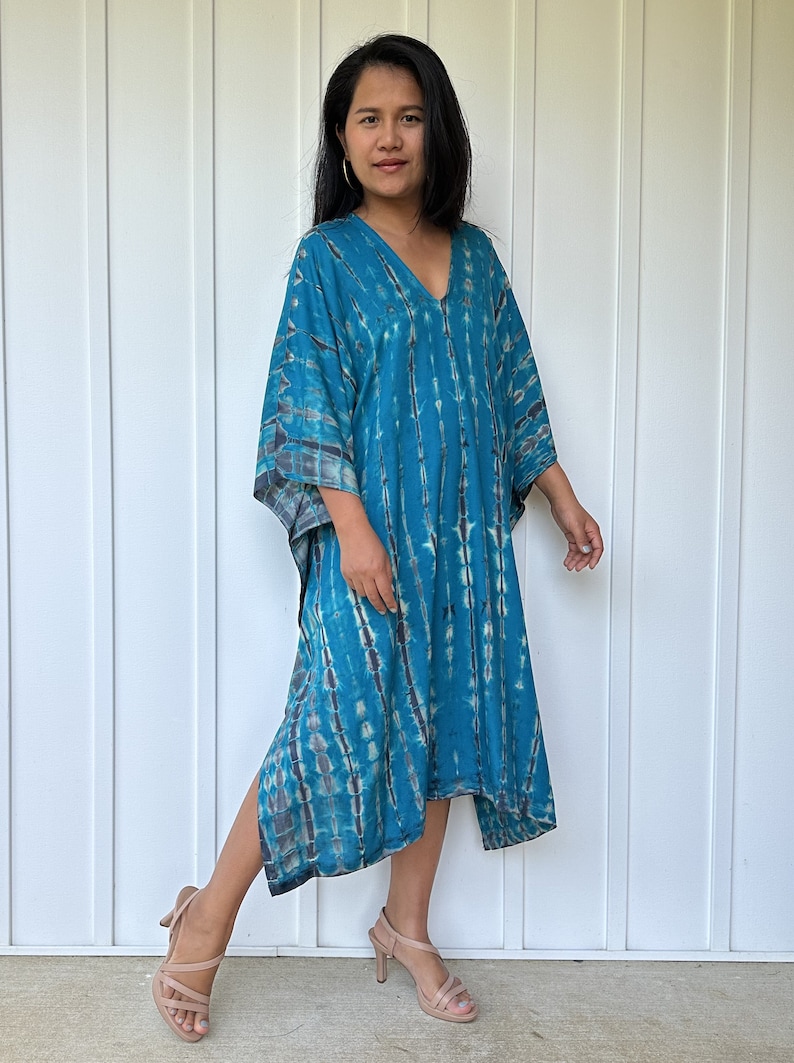 FR-26 Blue Teal tie dye Midi Kaftan, Midi dress, Tunic Beach wear, Lounge wear, Beach wear tunic, Summer dress, Resort wear, Resort kaftan image 1