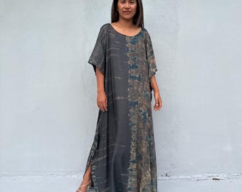 Robe Longue Femme Kaftan En Soie Pure Orange Et Bleue Maxi Tunique PS