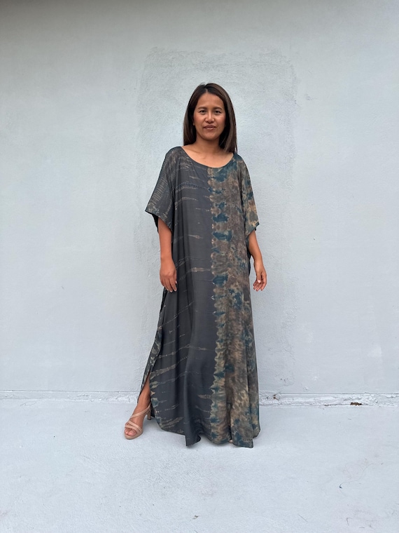 Dark Gray With Blue Boat Neck Kaftan Dress For Women AC-30 ~ Fall Style Caftans, Maxi Plus Size Dress, Tie Dye Dress, Muslin Kaftan