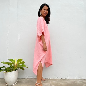 Pink Midi Kaftan DS-10 ~ Double Gauze Caftan Dress, Womens Clothing, Beach Dress, Swimsuit Coverups, Vacation Kaftan Dress, Summer Clothing