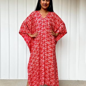 Red Hand Silkscreened Kaftan A-237   Womens African Bubu Dress  Party Wear  Best Gift for Her  Baby shower mother   Moroccan Kaftan Dress