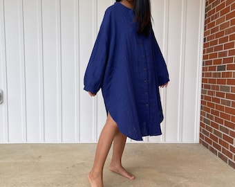 PS-6 Midi Blue Shirtdress, Double gauze shirtdress, Hand dyed fabric, One size fit most, Unisex