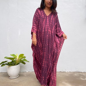 A-100 Eggplant Tie Dye Kaftan, caftan, beach, resort, vacation, cruise, pool, party, lounge, home, work at home, Length option image 1