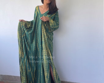 A-108 Groene Tie Dye Kaftan, kaftan, strand, resort, vakantie, cruise, zwembad, feest, lounge, thuis, thuiswerken, lengteoptie