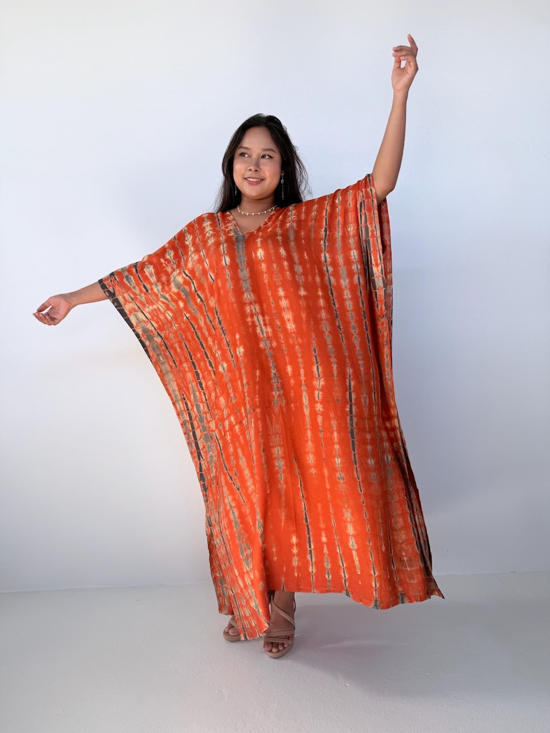 Womens Orange Dresses Tie Dye With Black Kaftan Luxury A-3 Maxi Moroccan Caftan Dress African Dress Plus Size Kaftan Resort Gown image 3